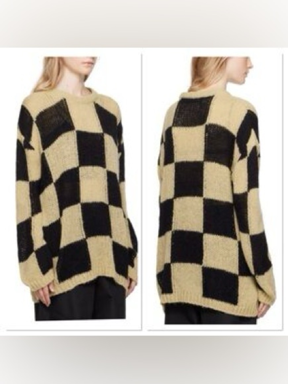 The open product Oversized Checkerboard Crewneck Sweater — Black and Beige